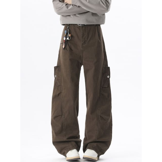 FOEV-Mid Waist Plain Barrel Leg Cargo Pants