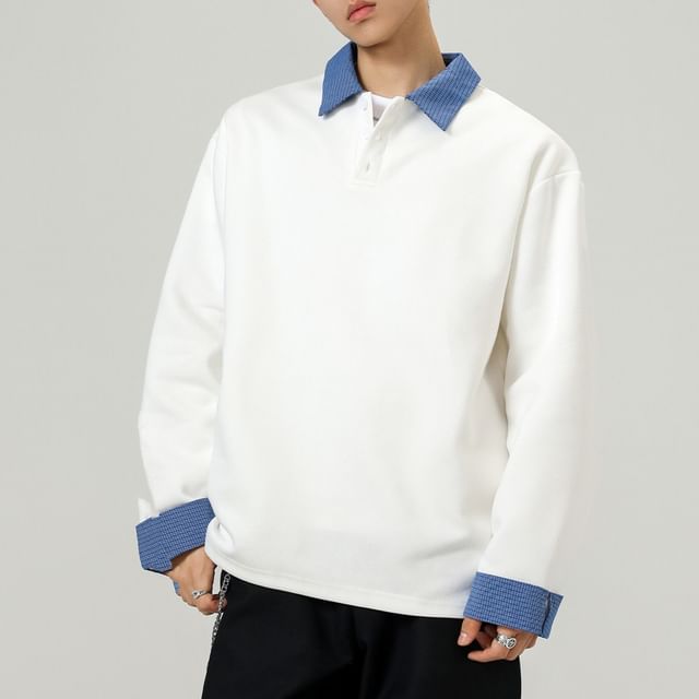 FOEV-Mock Two-Piece Long-Sleeve Two Tone Polo Top