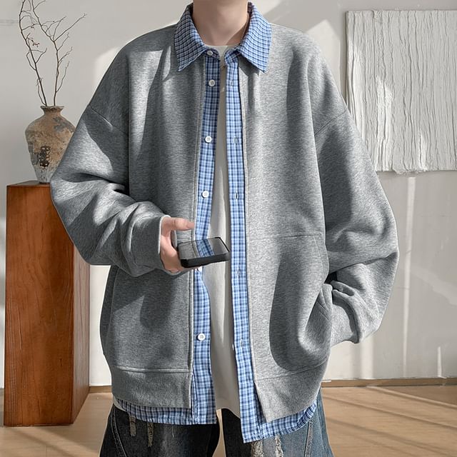 FOEV-Mock Two-Piece Plaid Collar Button-Up Jacket