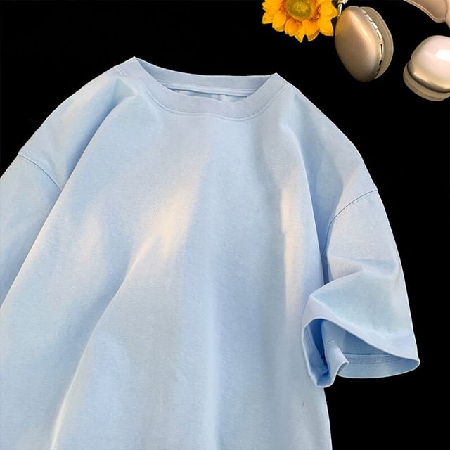 FOEV-Short-Sleeve Crew Neck Plain T-Shirt