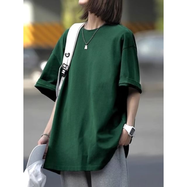 FOEV-Short-Sleeve Round Neck Plain T-Shirt