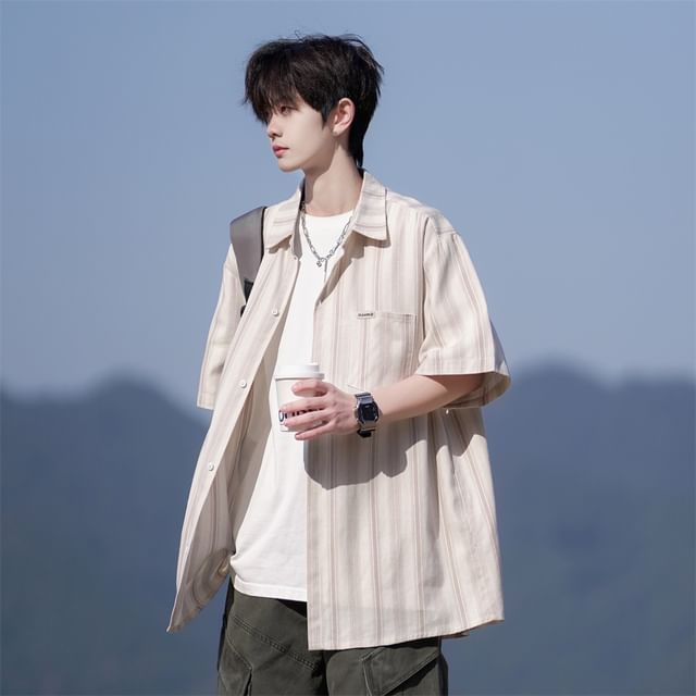 FOEV-Short-Sleeve Striped Button-Up Shirt