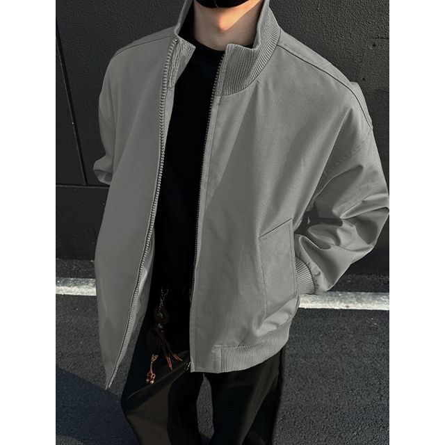 FOEV-Stand Collar Plain Zip Jacket