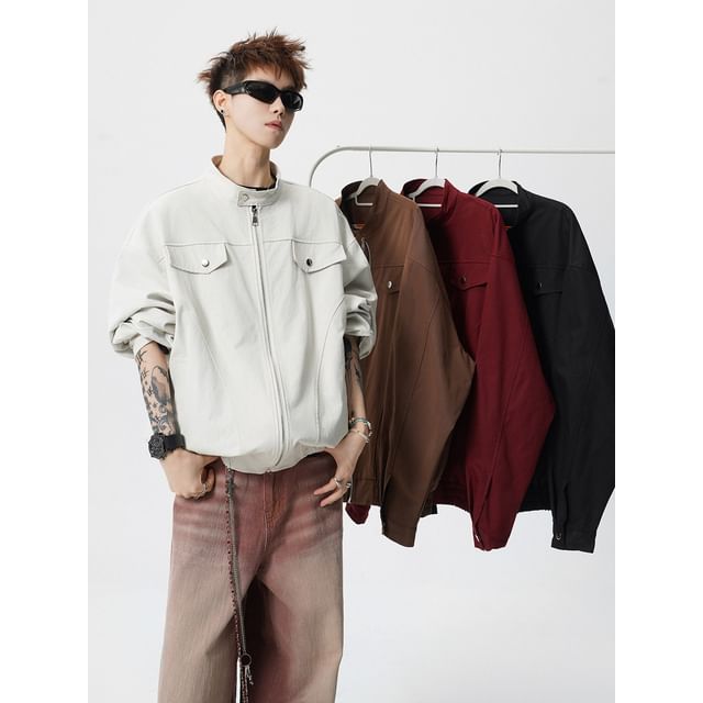 FOEV-Stand Collar Plain Zip Jacket
