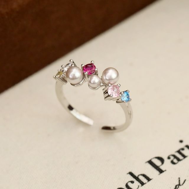 Forainer-Faux Pearl Rhinestone Open Ring