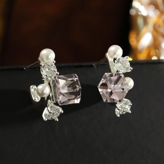 Forainer-Rhinestone Faux Pearl Stud Earring