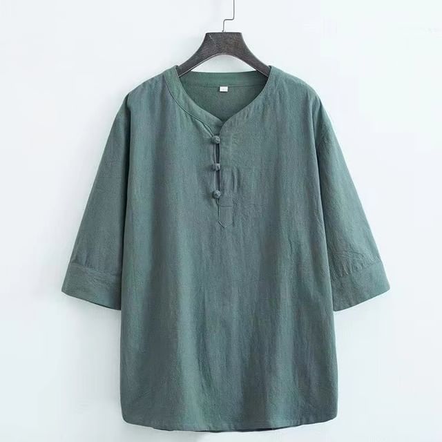 FORSETI-34-Sleeve V-Neck Frog Buttoned Linen Top