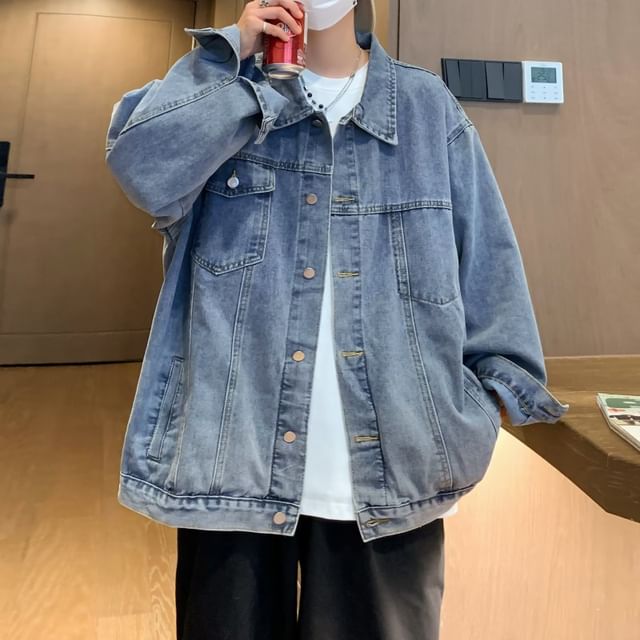 FORSETI-Collared Denim Button-Up Jacket