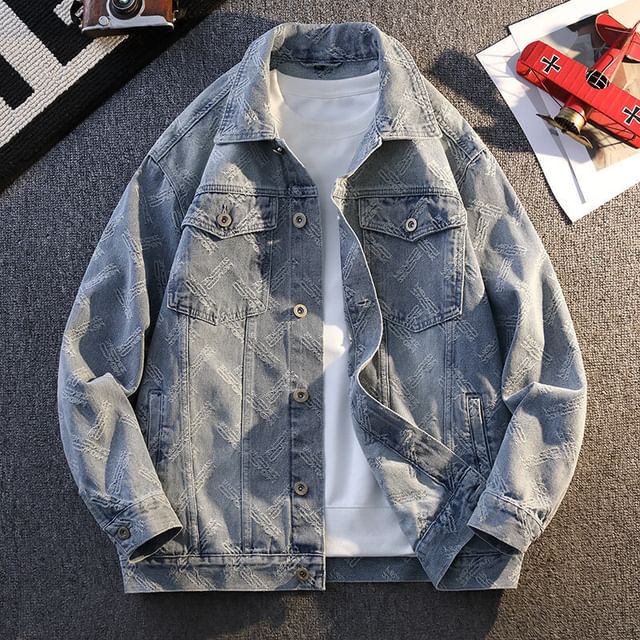 FORSETI-Collared Jacquard Washed Zip-Up Denim Jacket