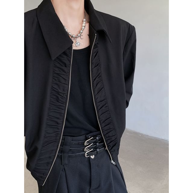 FORSETI-Collared Ruched Zip-Up Plain Jacket