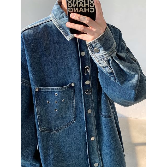 FORSETI-Collared Safety Pin Accent Washed Frayed Button-Up Denim Jacket