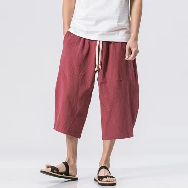 FORSETI-Drawstring Waist Plain Capri Pants