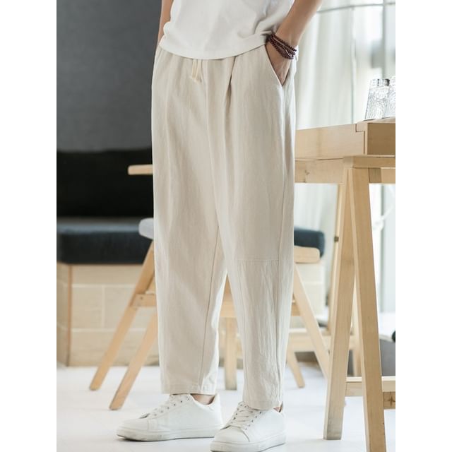 FORSETI-Drawstring Waist Plain Cropped Baggy Pants