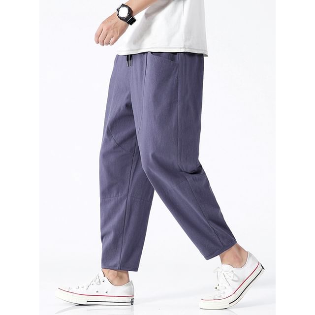 FORSETI-Drawstring Waist Plain Cropped Baggy Pants