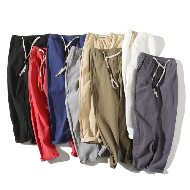 FORSETI-Drawstring Waist Plain Linen Wide Leg Pants