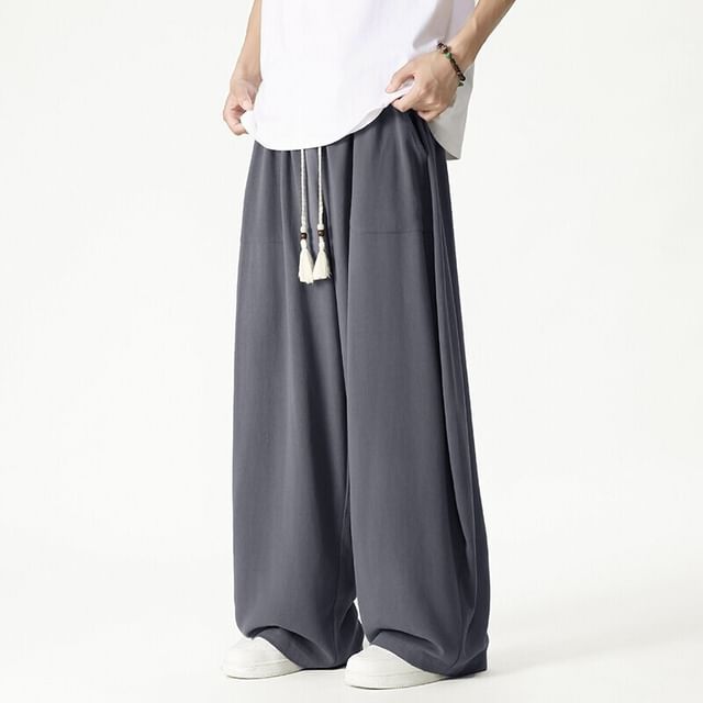 FORSETI-Drawstring Waist Plain Wide Leg Pants