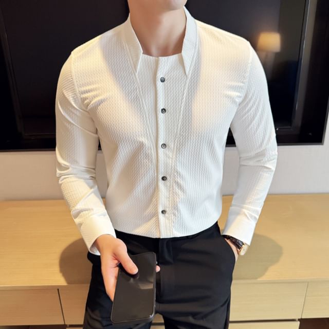 FORSETI-Long-Sleeve Collared Plain Textured Button Up Shirt