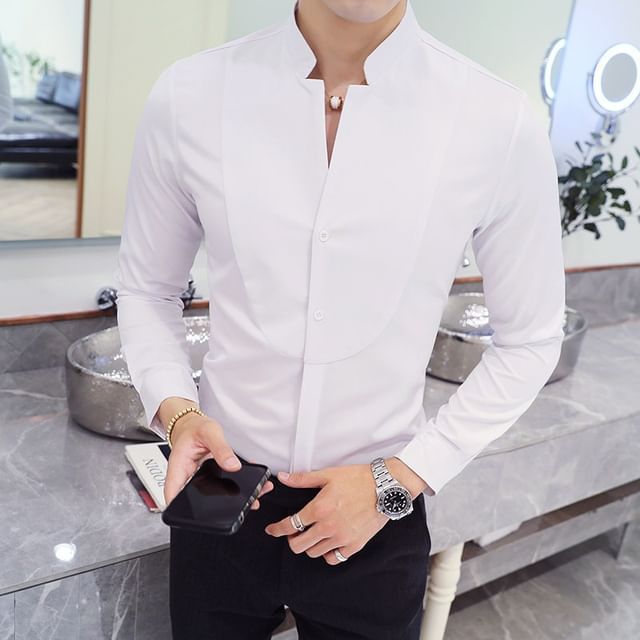 FORSETI-Long-Sleeve Notch Neck Plain Shirt