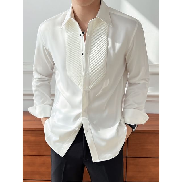 FORSETI-Long-Sleeve Pintuck Button-Up Plain Shirt
