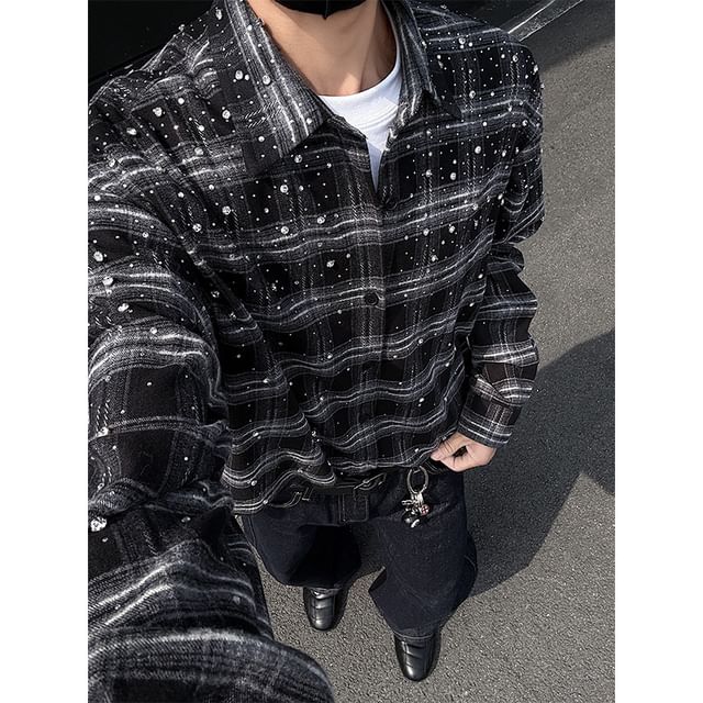 FORSETI-Long-Sleeve Plaid Rhinestone Button-Up Shirt