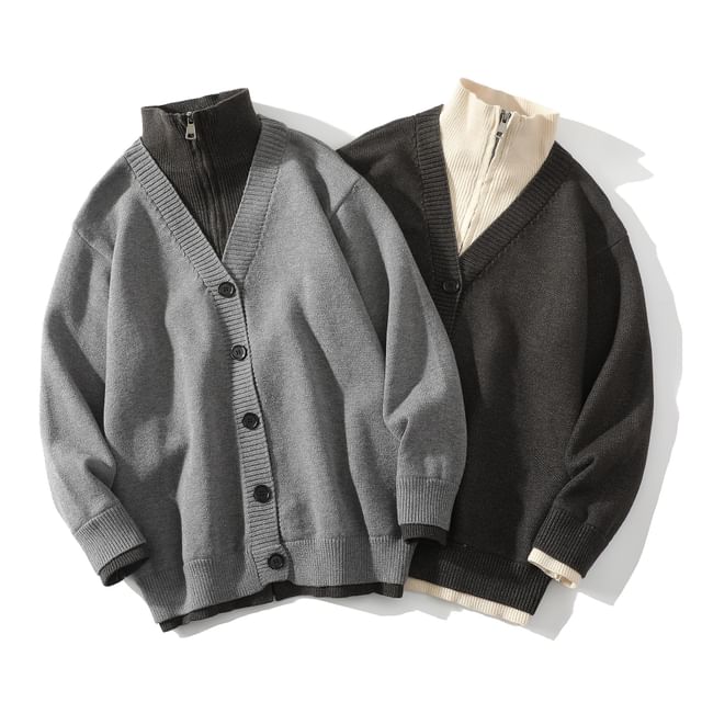 FORSETI-Mock Two-Piece Stand Collar Two Tone Button-Up Cardigan