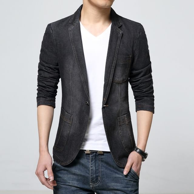 FORSETI-Notch Lapel Washed One-Buttoned Denim Blazer