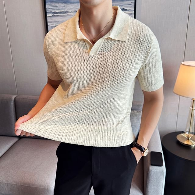 FORSETI-Short-Sleeve Collar Plain Knit Top