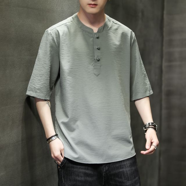 FORSETI-Short-Sleeve Half Buttoned Linen Plain Top