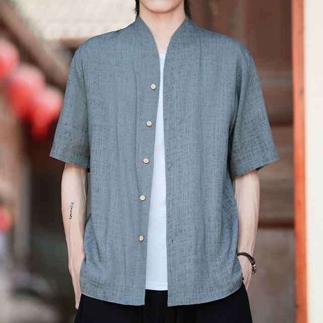 FORSETI-Short-Sleeve Plain Linen Shirt