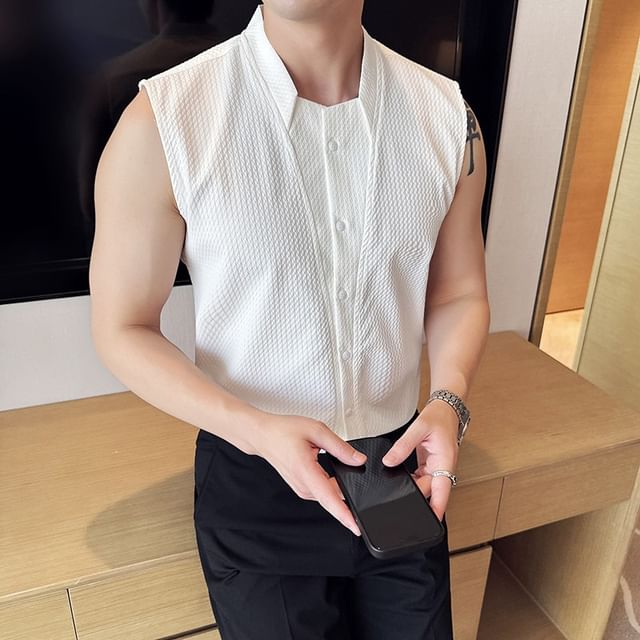 FORSETI-Sleeveless Collared Plain Textured Button Up Shirt