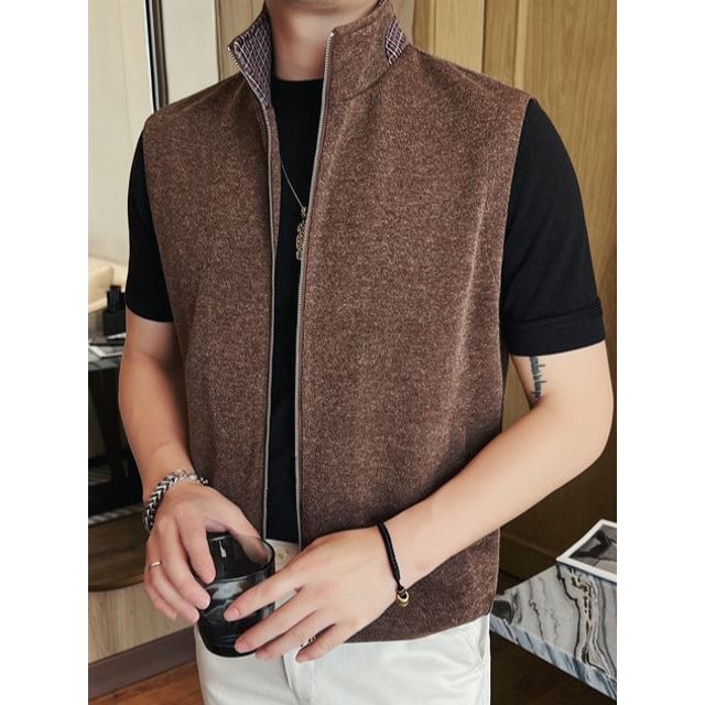 FORSETI-Stand Collar Plaid Panel Zip-Up Vest