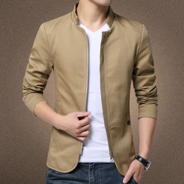 FORSETI-Stand Collar Plain Zip Jacket