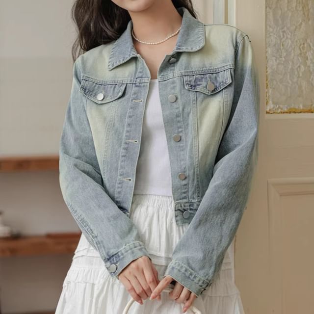 FR-Collared Button-Up Crop Denim Jacket