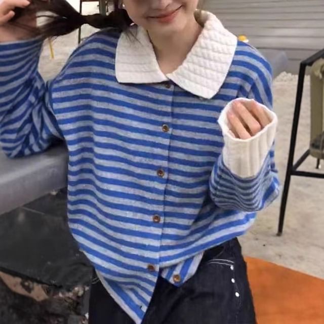 FR-Collared Striped Button Up Cardigan