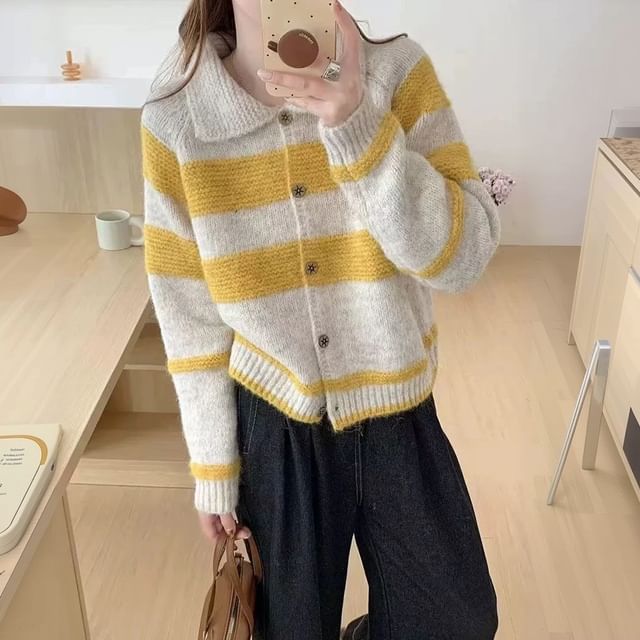 FR-Collared Striped Button-Up Cardigan