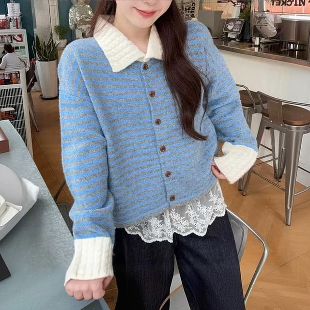 FR-Collared Striped Cardigan