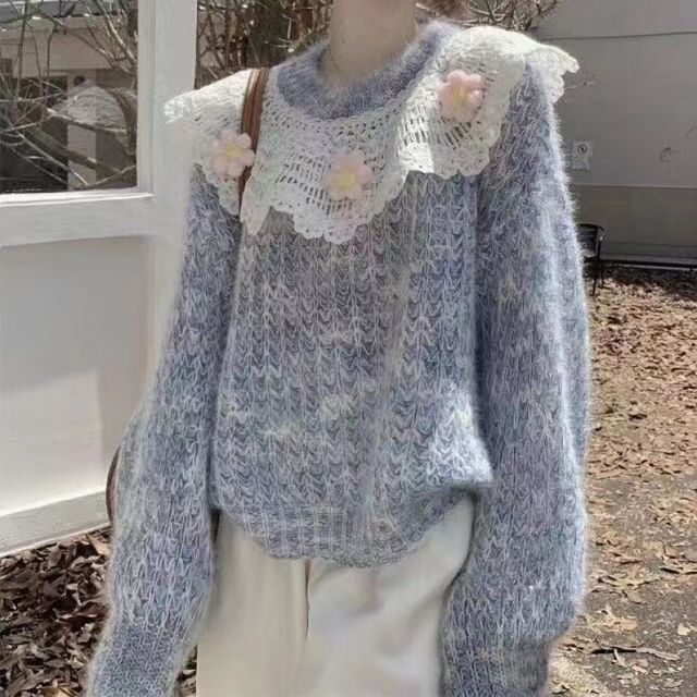 FR-Crew Neck Lace Panel Sweater
