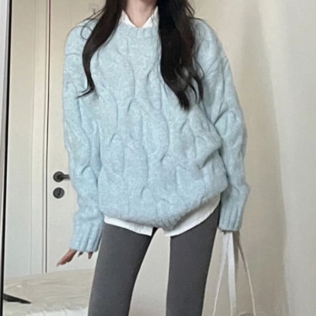 FR-Crew Neck Plain Cable Knit Oversized Sweater