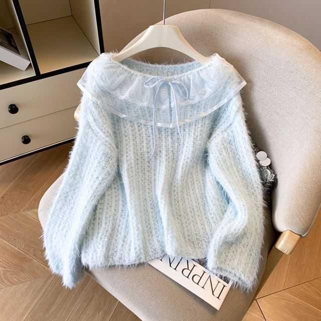 FR-Crew Neck Ruffle Trim Fluffy Sweater