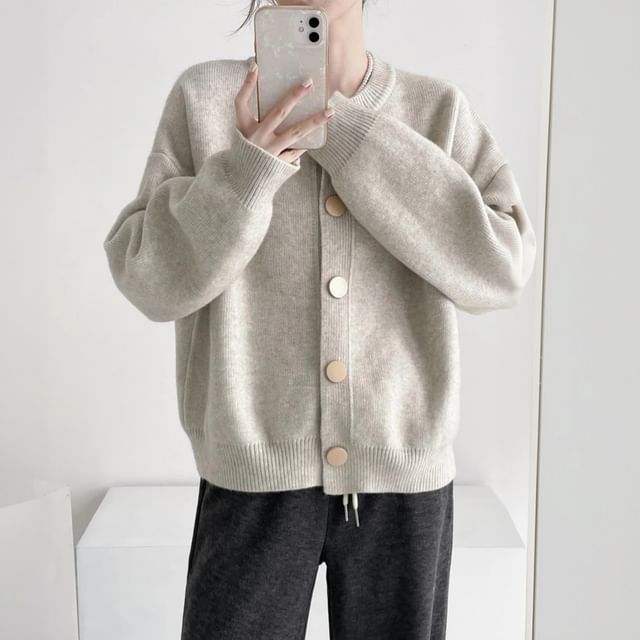 FR-Crewneck Button-Up Plain Cardigan