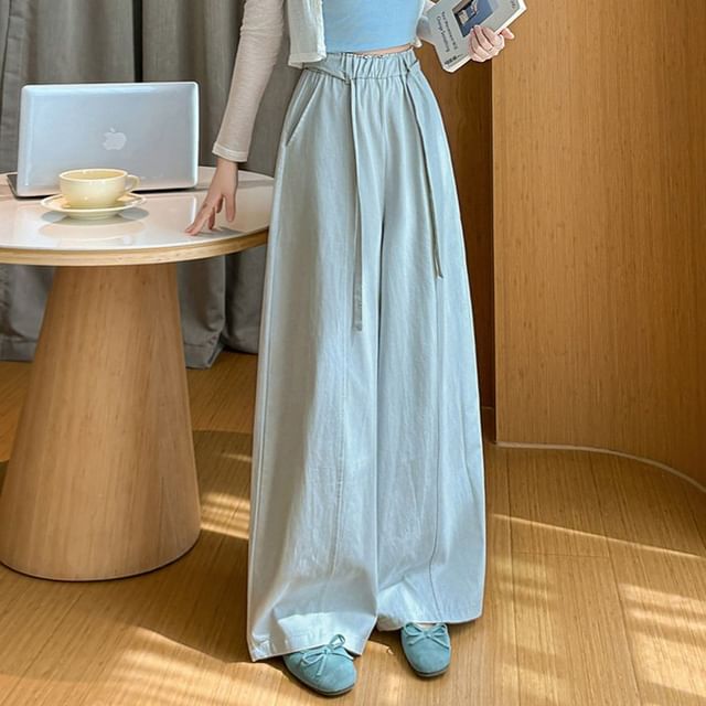FR-Drawstring Waist Plain Wide Leg Pants