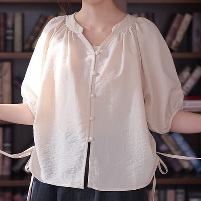 FR-Elbow-Sleeve Notch Neck Plain Button Blouse