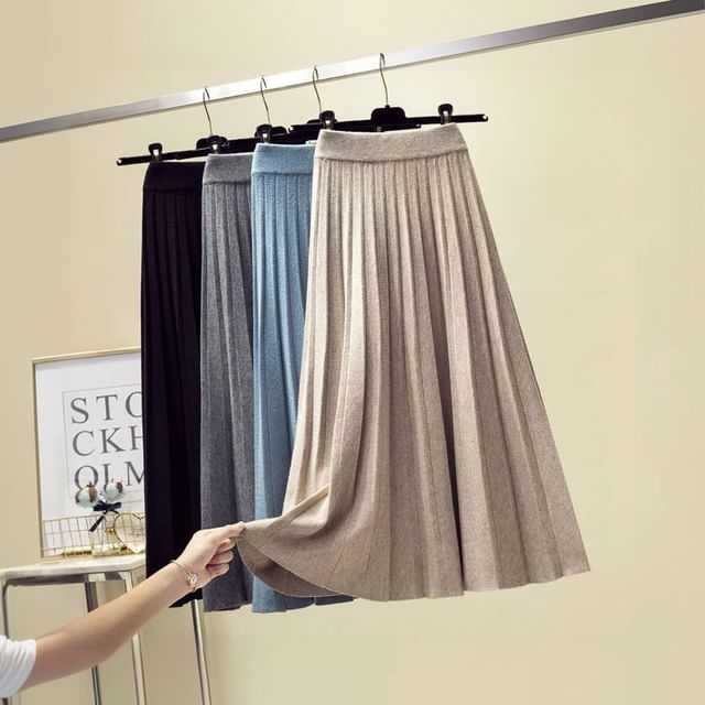 FR-High Rise Plain Knit Midi Pleated Skirt