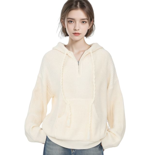 FR-Hooded Plain Half Zip Sweater