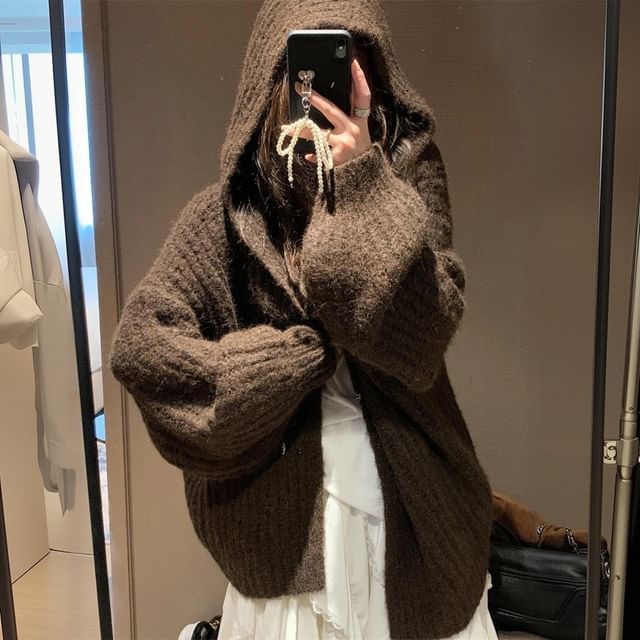 FR-Hooded Plain Ribbed Knit Cardigan