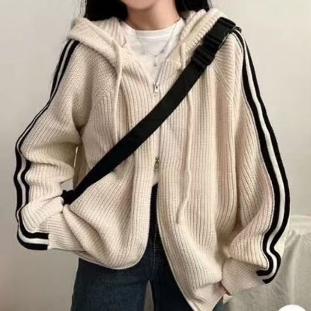FR-Hooded Striped Zip Cardigan