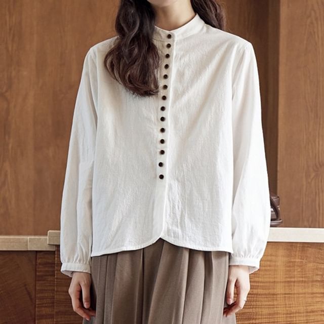 FR-Long-Sleeve Band Collar Button Up Blouse