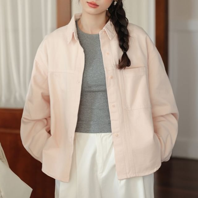 FR-Long-Sleeve Button-Up Plain Denim Shirt