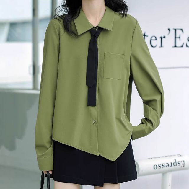 FR-Long-Sleeve Button-Up Plain Shirt