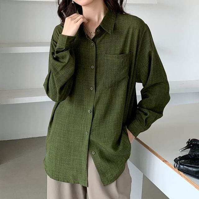 FR-Long-Sleeve Button-Up Plain Shirt